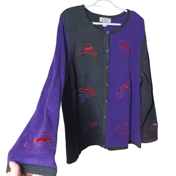 Christopher & Banks Sweaters - Red Hat Society Embroidered Cardigan Sweater 1X Black Purple Color Block L/S